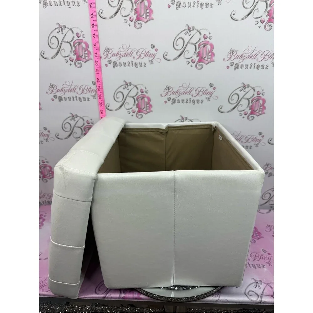 Bouclair storage Elegant White Tufted Storage Ottoman with Crystal Buttons  bin